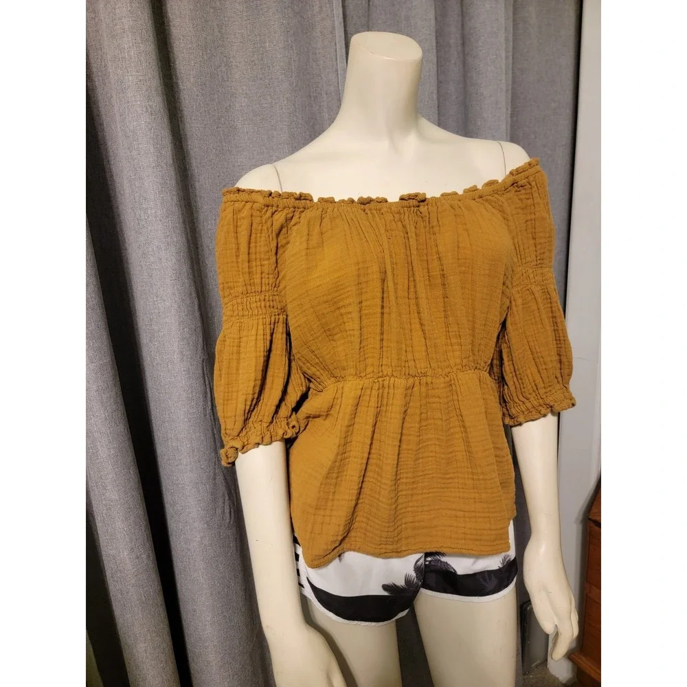 Puff Sleeve Caramel Brown Shirred Cotton Babydoll‎ Blouse SZ M Milkmaid Old Navy